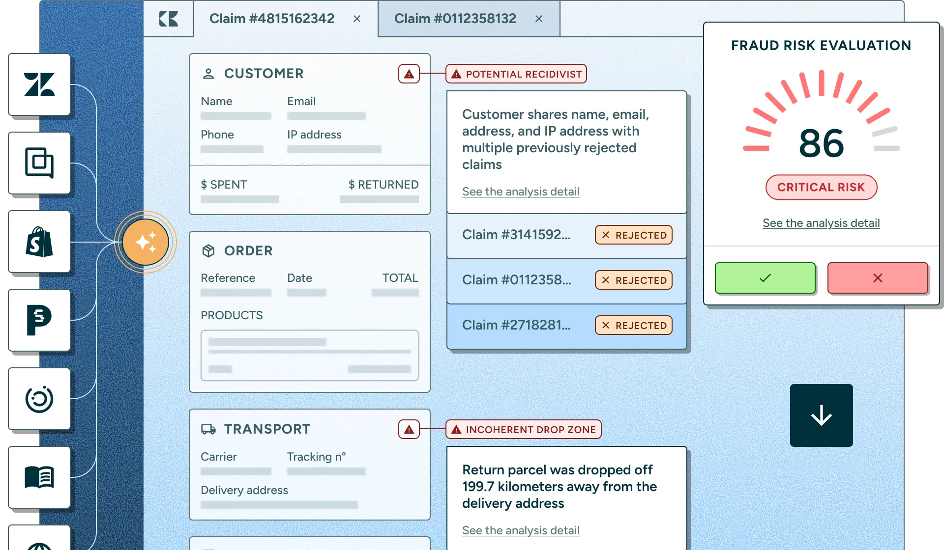 The backwise fraud-analysis cockpit reviewing a refund claim, scoring its fraud risk and surfacing the supporting signals.